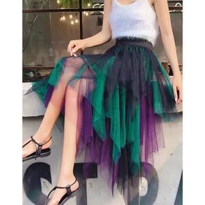High-waisted asymmetric mesh skirt midi below knee goth witch green purple black
